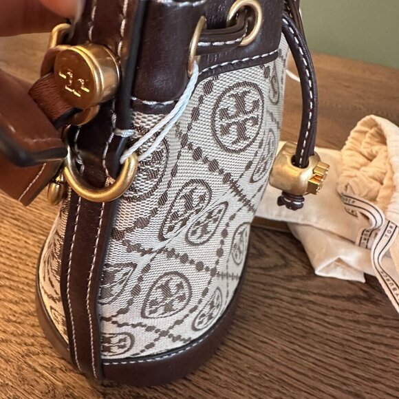 NWT! NEW Tory Burch T Monogram Jacquard Mini Bucket Bag -Tan -leather trim - Picture 12 of 14